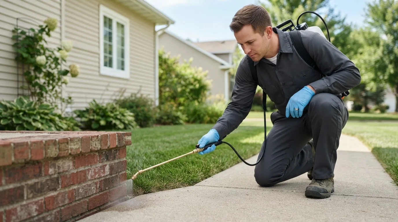 Pest control technician treating a home near Conneaut Lake, PA
