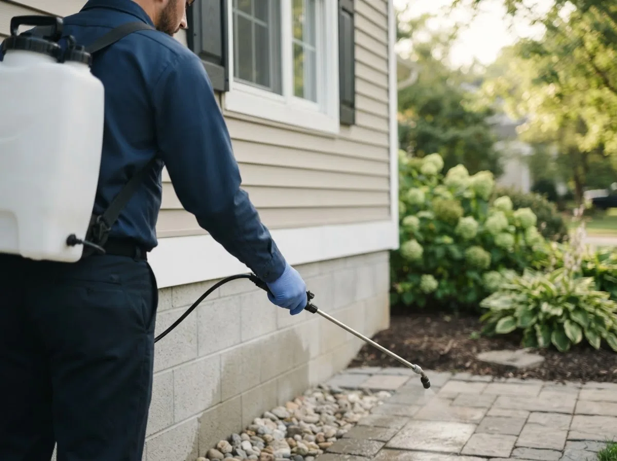 Pest control technician inspecting a home in Conneaut Lake, PA